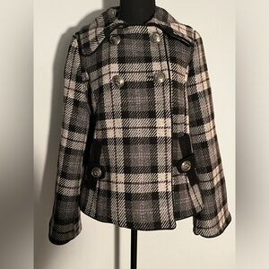 Steve Madden Double Breasted Black, Gray & Purple Plaid Peacoat Purple Lining M